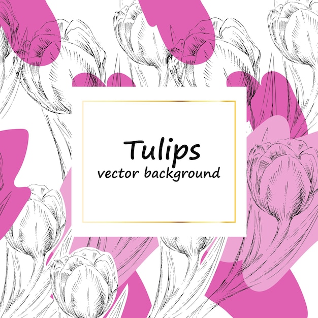 Banner floral de tulipas de primavera para layout de cartão com vetor de esboço de flores de desenho à mão