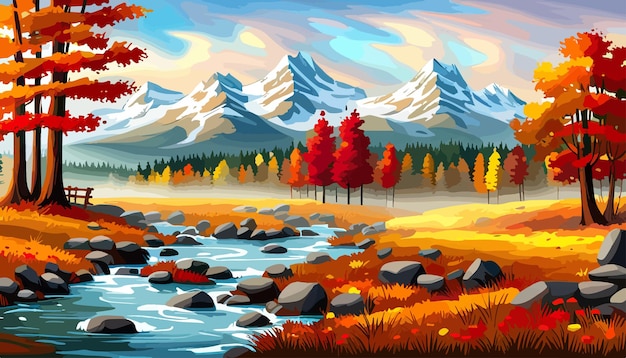 Vetor banner floresta um rio nas montanhas com uma montanha no fundo paisagem de outono com