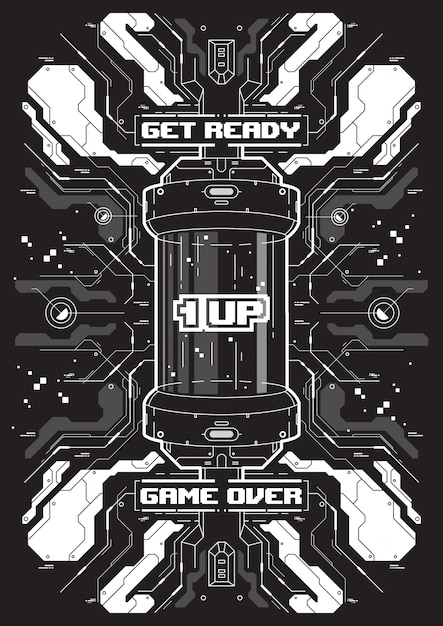 Vetor banner futurista de cyberpunk com elementos de jogos retro.
