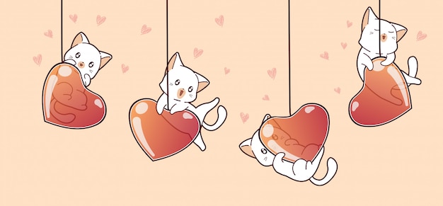 Banner gatos adoráveis e balões de coração no dia dos namorados