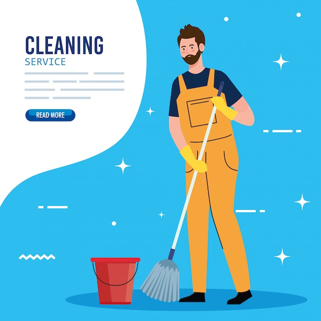 Banner, homem trabalhador de limpeza com esfregão e balde, faxineiro de homem com esfregão e balde vector design ilustração