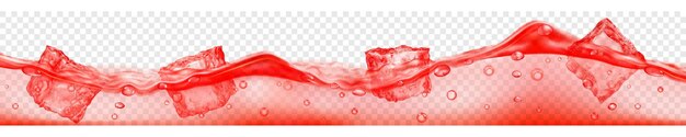 Banner horizontal com cubos de gelo translúcidos e bolhas de ar flutuando na água em fundo transparente. Ilustração vetorial nas cores vermelhas. Transparência apenas em formato vetorial
