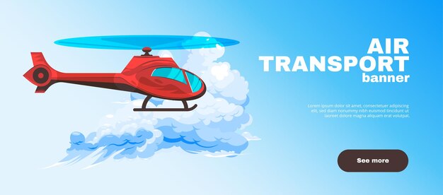 Banner horizontal com helicóptero voando além da nuvem na ilustração vetorial plana de fundo azul