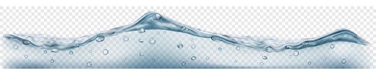 Vetor banner horizontal com onda de água translúcida nas cores cinza e azul claro com bolhas de ar, isoladas em fundo transparente. transparência apenas em arquivo vetorial