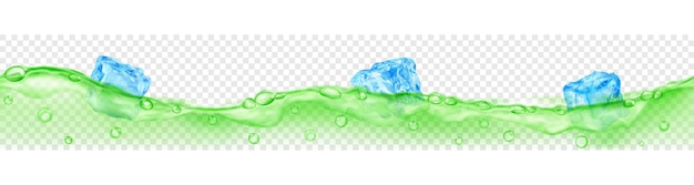 Banner horizontal com onda perfeita. Cubos de gelo de azul claro translúcido e muitas bolhas de ar flutuando na água verde sobre fundo transparente. Transparência apenas em formato vetorial
