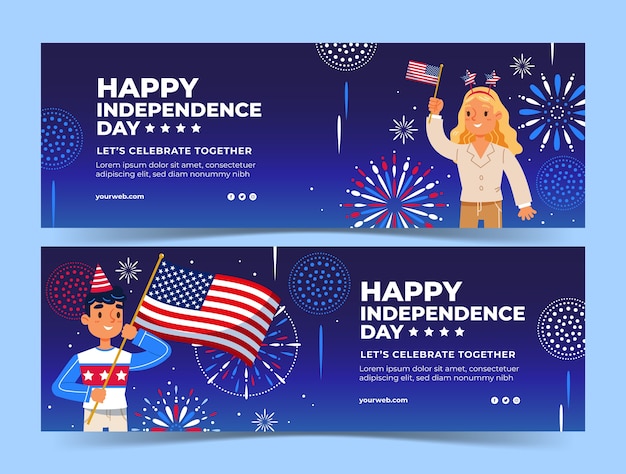 Banner horizontal de celebração de 4 de julho desenhado à mão