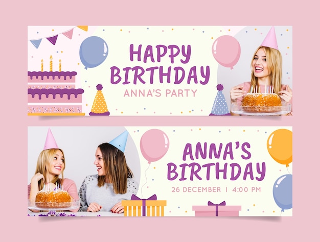 Banner horizontal de celebração de aniversário de design plano