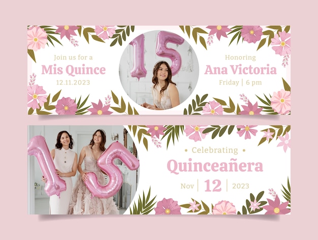 Vetor banner horizontal de celebração de quinceanera desenhado à mão