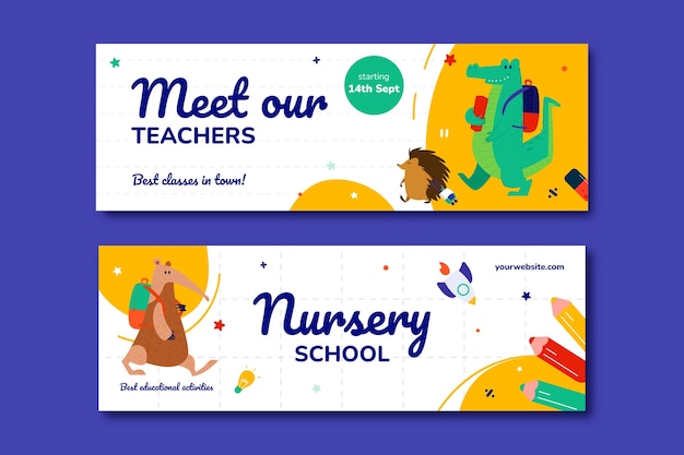 Vetor banner horizontal de creche de design plano