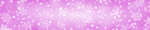 Vetor banner horizontal de natal de flocos de neve de diferentes formas, tamanhos e transparência em cores roxas