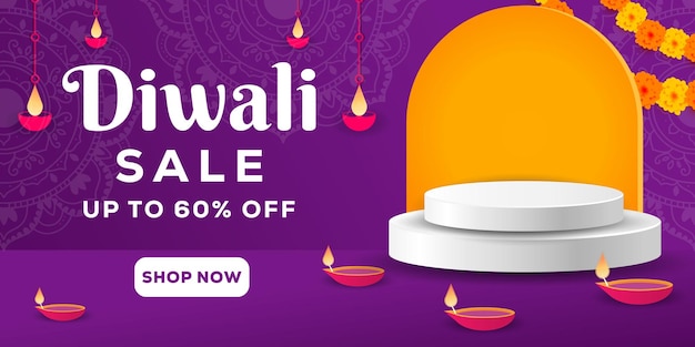 Banner horizontal de venda de diwali com pódio