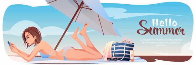 Banner horizontal de verão com garota tomando banho de sol na praia férias de verão em feriados de vibração de praia marítima fundo tropical para publicidade de panfleto de cartaz