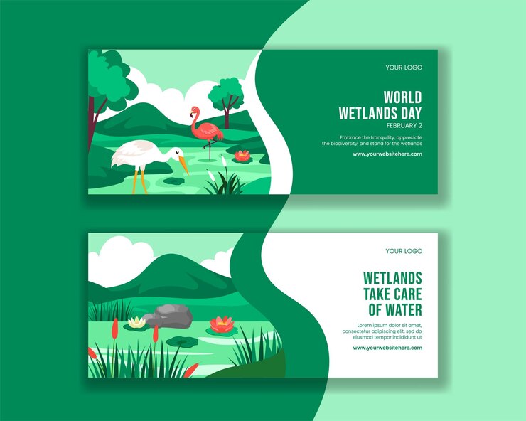Vetor banner horizontal do dia mundial das zonas húmidas desenhado à mão em design de desenho animado plano