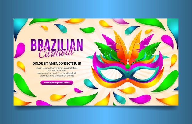 Vetor banner horizontal do trendy carnival brazilian festival, capa de mídia social com máscara e pena