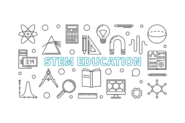 Banner horizontal do vetor STEM Education em estilo de linha