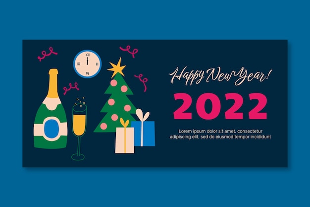 Banner horizontal plano desenhado à mão feliz ano novo 2022