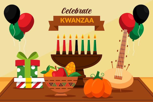 Banner horizontal plano em kwanzaa desenhado à mão e fundo plano kwanzaa desenhado à mão