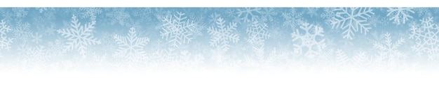 Banner horizontal sem costura de natal de muitas camadas de flocos de neve de diferentes formas, tamanhos e transparência. no fundo gradiente de azul claro para branco.
