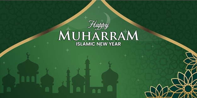 Banner islâmico de ano novo de cor verde com fundo de mesquita e flores