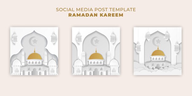 Banner islâmico ramadan kareem com corte de papel branco dourado