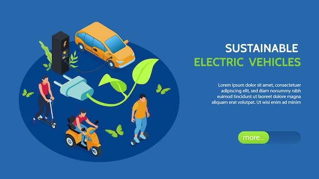 Banner isométrico de veículos elétricos sustentáveis