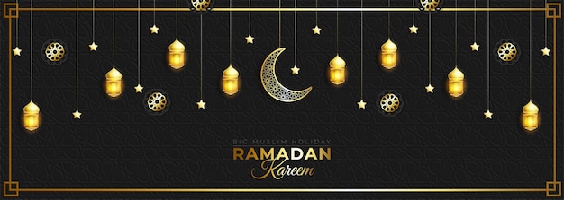 Banner largo lindo ramadan kareem em estilo preto e dourado