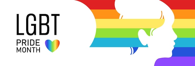 Vetor banner lgbtq para a bandeira social do arco-íris do mês do orgulho com silhueta branca do rosto humano lgbtqia e coração