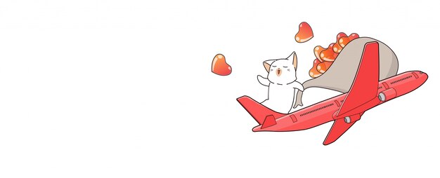 Banner mão desenhada gato kawaii com bolsa de coração no avião