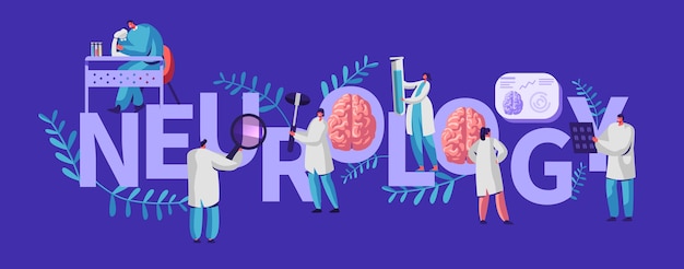 Banner médico de neurologia. neurologista médico especialista em saúde hospitalar. procedimento de exame de doenças de tomografia diagnóstica profissional para o paciente. ilustração em vetor plana dos desenhos animados