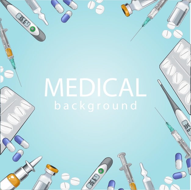 Banner Médico Fundo Médico Termômetro ampola seringa comprimidos conceito de medicina