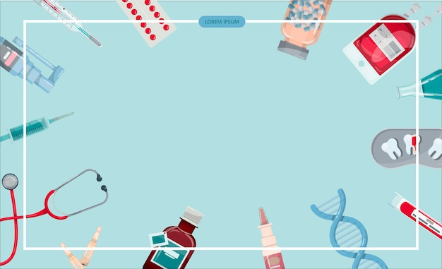 Banner médico vetorial Modelo de farmácia Vacinação online, exame de saúde on-line diagnóstico médico