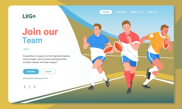 Banner minimalista de rugby ilustração da web página de destino móvel GUI UI jogador jogo de equipe