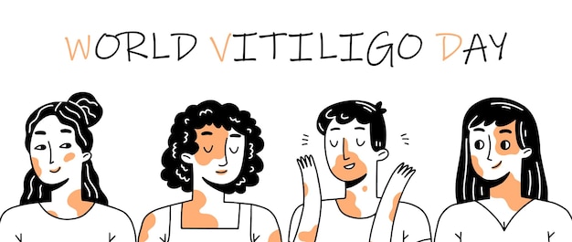 Banner ou cartaz do dia mundial do vitiligo com pessoas felizes personagens com vitiligo