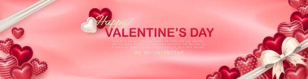 Banner panorâmico rosa suave com corações brilhantes em 3d e laço branco realista para feliz dia dos namorados