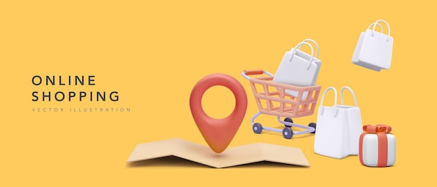 Banner para compras online com carrinho, caixas de presente, loja, mapa com ponteiro em estilo realista sobre fundo amarelo. ilustração vetorial