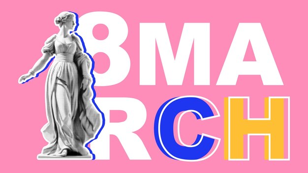 Banner para o 8 de março em estilo de colagem retrô ilustração vetorial de uma estátua de mulher com efeito de meio-tom