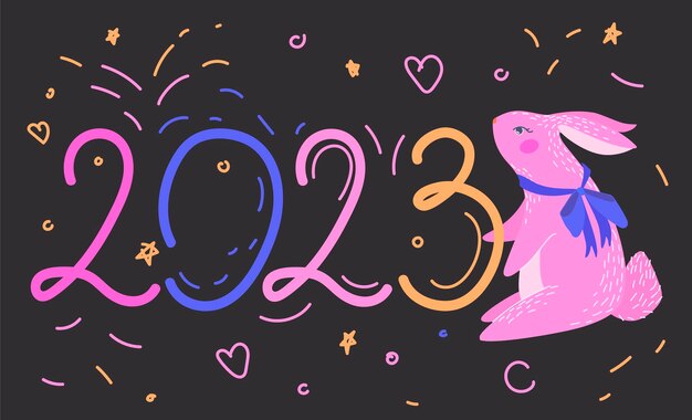 Banner para o ano novo 2023 em estilo doodle com coelhos