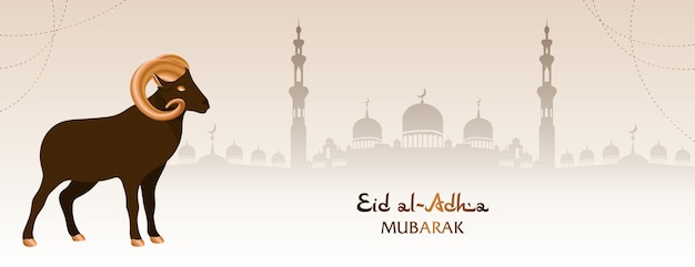 Banner para o feriado muçulmano eid al adha mubarak com copyspace para mesquita de texto e animal de sacrifício