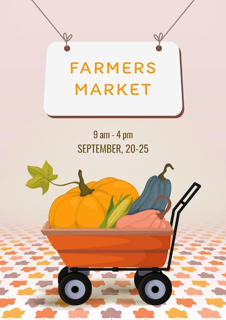 Vetor banner para o mercado de venda de colheita com abóboras e milho vertical fundo de outono a4 para o mercado dos agricultores