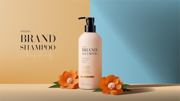 Banner promocional para anúncio de shampoo Banner publicitário com design minimalista Ilustração vetorial 3D com shampoo b