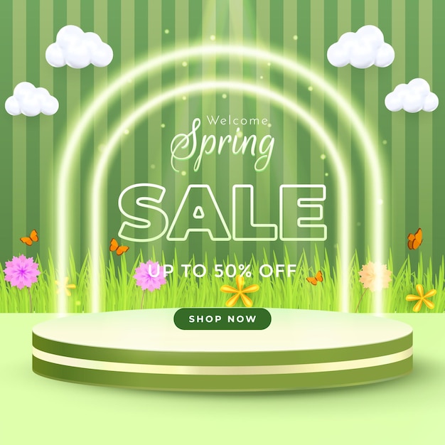 Banner publicitário de venda de primavera com cores brilhantes e decorações florais