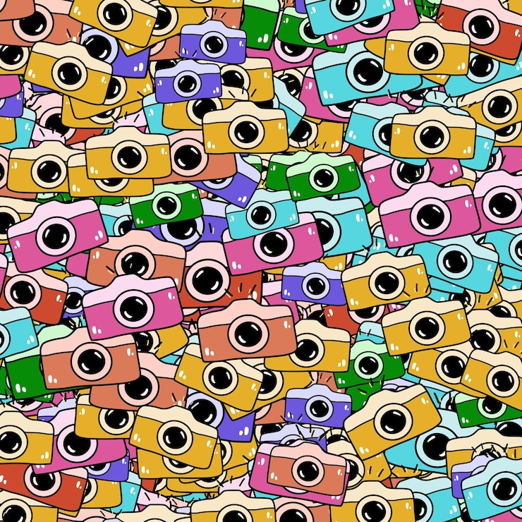 Vetor banner quadrado com muitas câmeras coloridas doodle estilo