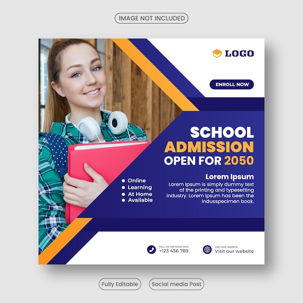 Banner quadrado de admissão escolar Adequado para modelo de pacote de mídia social de volta às aulas