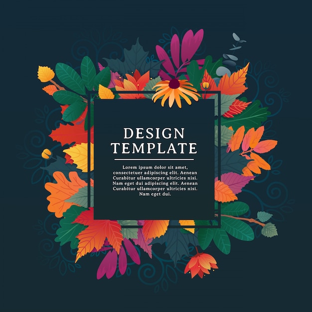 Banner quadrado de design de modelo para o outono com moldura branca e ervas.