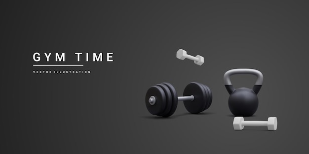 Banner realista 3D com halteres e kettlebell isolado em ilustração vetorial de fundo preto