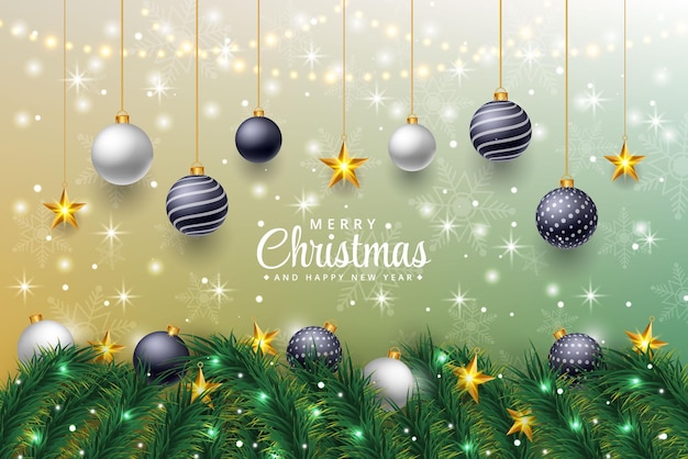 Banner realista de fundo de feliz natal com decoração de bolas e ramos de natal