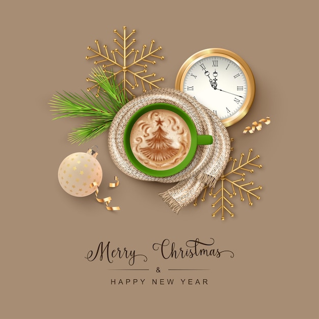 Banner realista de natal e ano novo com uma xícara de café, enfeites e relógio de ouro