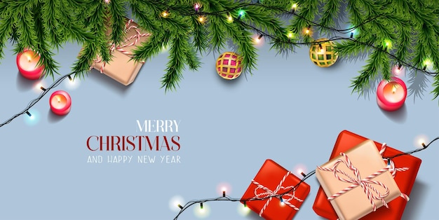 banner realista Feliz Natal e Feliz Ano Novo Com elementos festivos orientação horizontal com três primeiros e caixas de presentes