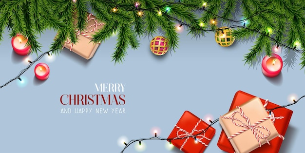 Banner realista feliz natal e feliz ano novo com elementos festivos orientação horizontal com três primeiros e caixas de presentes