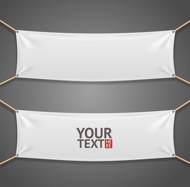 Banner retangular de tecido blanc com cordas isoladas em fundo cinza.